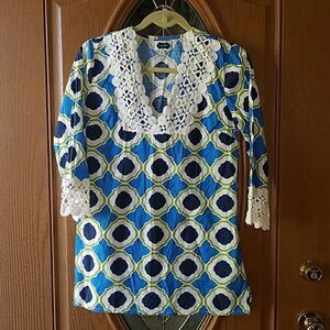 Mud Pie Tunic Blue white lace 3/4 sleeves Sz. S